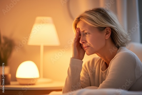 Mid-aged woman experiencing discomfort from night sweats in a softly lit bedroom. Menopause concept photo