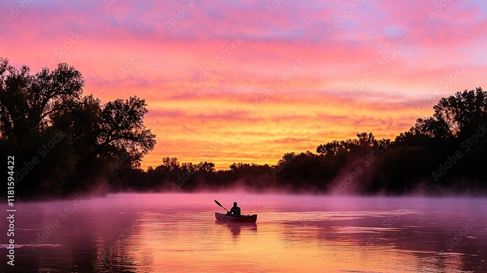 Kayaker on tranquil river at sunrise, misty morning, colorful sky. Kayaker on tranquil river at sunrise, misty morning, colorful sky.