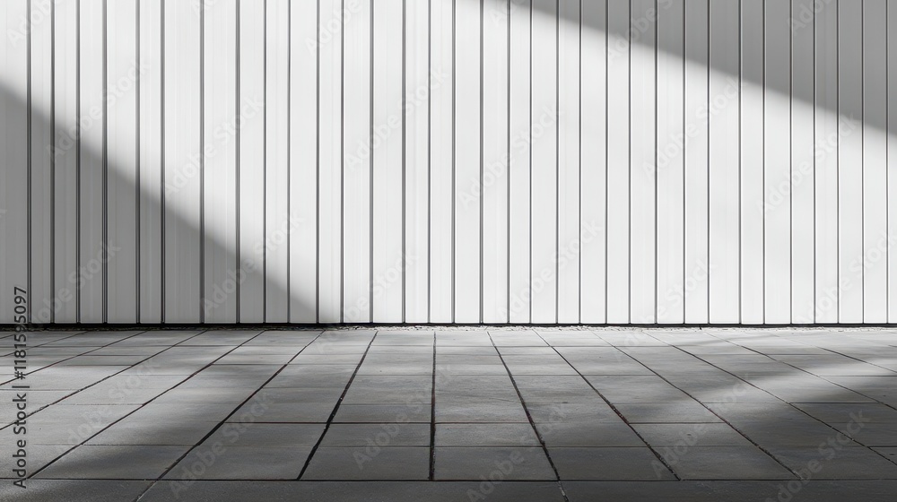 Fototapeta premium Minimalist White Vertical Metal Siding and Gray Tiled Floor with Dramatic Light and Shadow