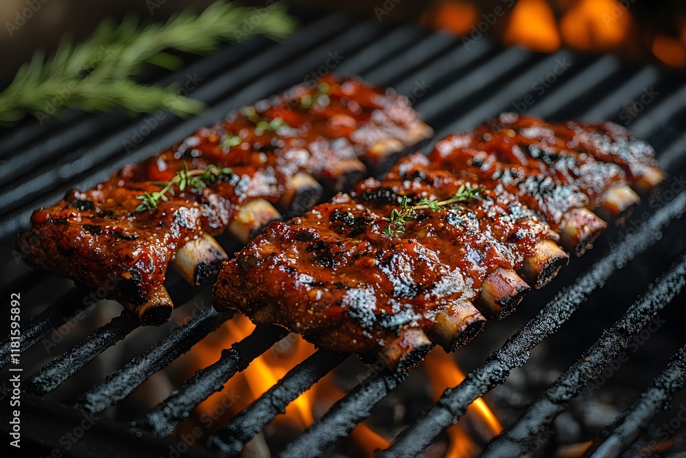 Grilled Barbecue Ribs on Open Flame for Summer Cookout Design Grilled Barbecue Ribs on Open Flame for Summer Cookout Design