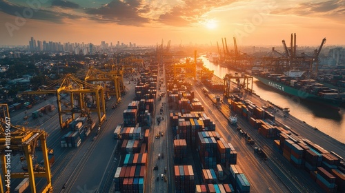 Aerial View of Container Port During Sunset with Cranes and Water