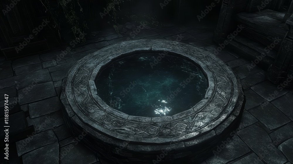 Ancient Stone Well in Dark, Mysterious Courtyard Ancient Stone Well in Dark, Mysterious Courtyard