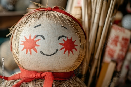 A vibrant traditional straw doll adorned with a cheerful face and red ribbons symbolizes joy. It stands ready for the lively Mardi Gras and Maslenitsa celebrations, highlighting cultural heritage