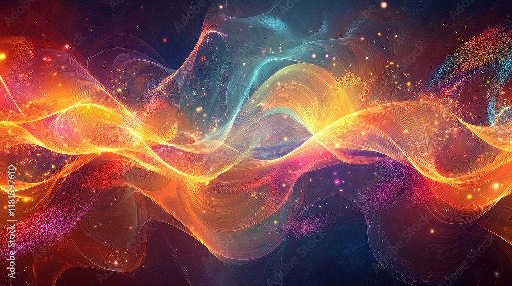 Colorful Abstract Flowing Waves with Light and Sparkles in Background Colorful Abstract Flowing Waves with Light and Sparkles in Background