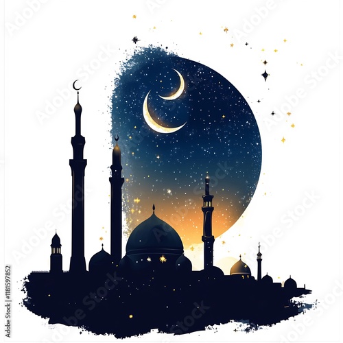 Night Sky over Mosque: A Serene Ramadan Illustration photo