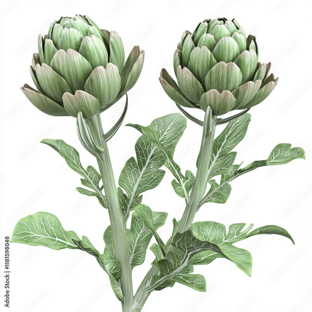 Fototapeta premium Fresh Green Artichokes with Leaves on a White Background for Culinary and Gardening Concepts