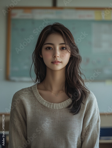 Calm and Poised Young asian Teacher in a Classroom. photo