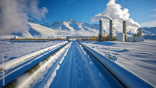 Industrial landscape with pipelines and snow-covered mountains under bright blue sky in winter