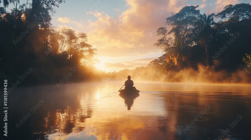Solitary kayaker paddling on a misty river at sunrise, surrounded by lush tropical rainforest. Solitary kayaker paddling on a misty river at sunrise, surrounded by lush tropical rainforest.