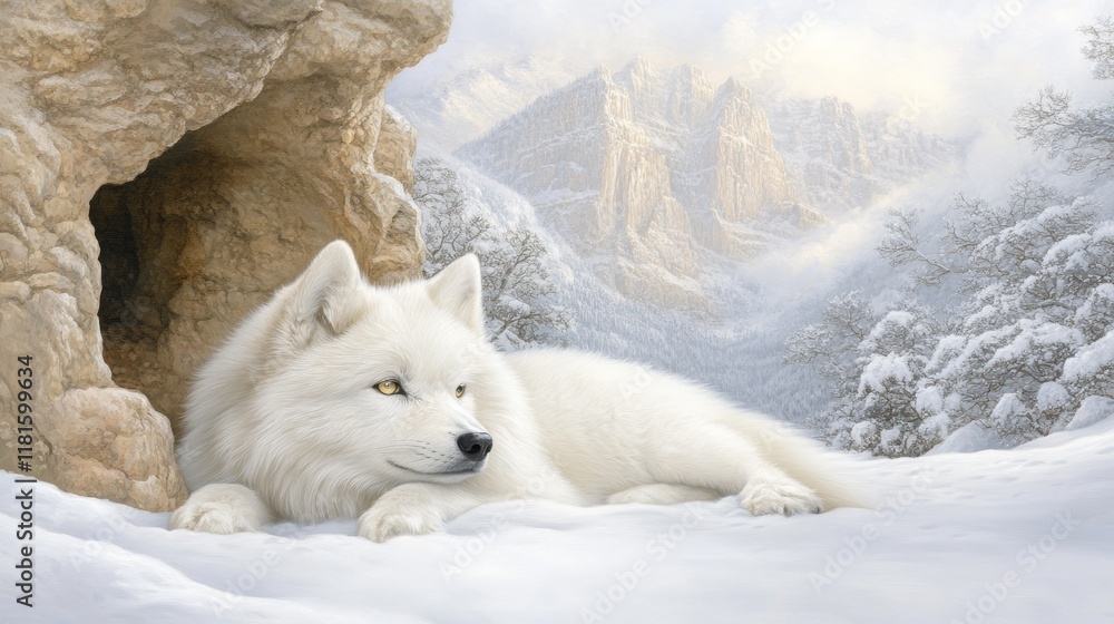 Obraz premium Arctic Wolf Resting in Winter Mountain Cave