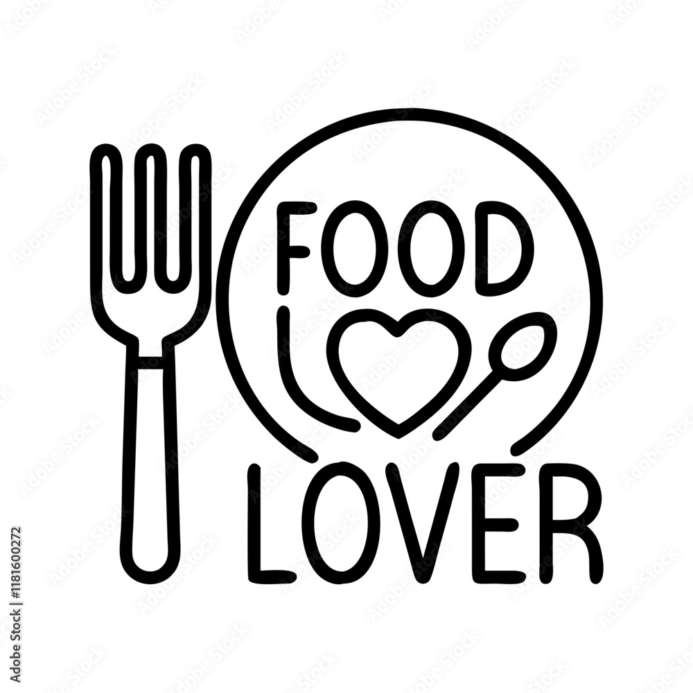 Fototapeta premium food lover text with fork and knife icon icon, foods line art, foods vector - simple black line art icon of food lover text with fork and knife icon perfect for logos, and foods -themed designs.