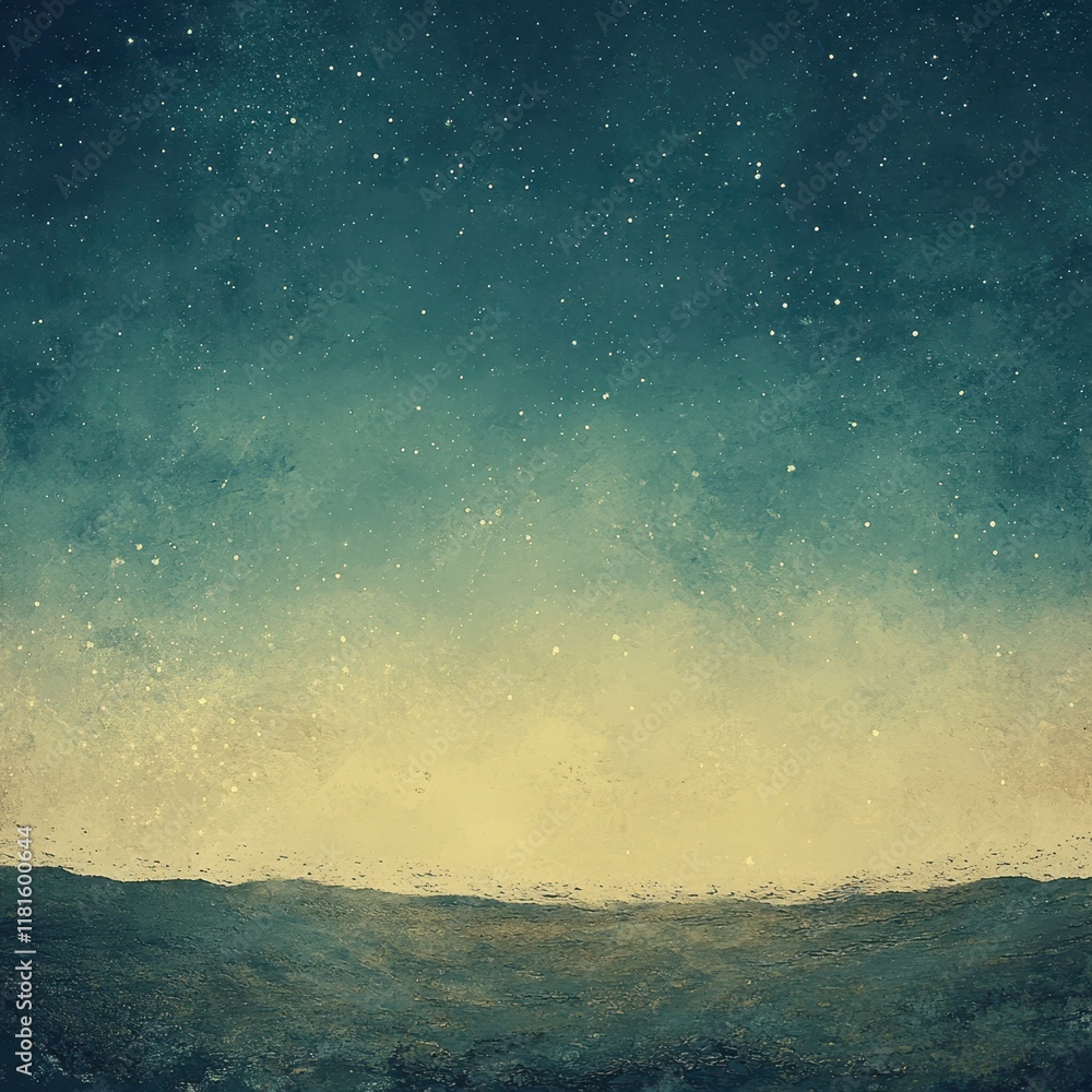 Obraz premium Textured Night Sky with Glowing Stars and Mountain Landscape in Dark Blue and Beige