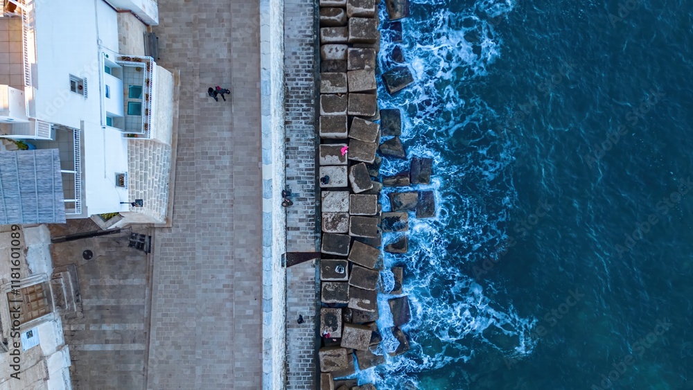Coastal Architecture: An aerial view of a seaside town, showcasing the harmony between concrete structures and the powerful, yet tranquil, ebb and flow of the ocean. Monopoli Italy.