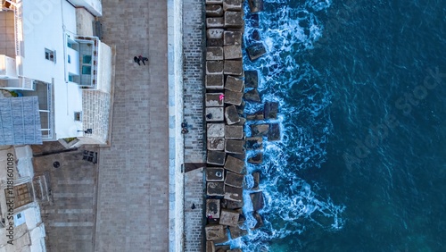 Obraz na płótnie Coastal Architecture: An aerial view of a seaside town, showcasing the harmony between concrete structures and the powerful, yet tranquil, ebb and flow of the ocean. Monopoli Italy. w salonie