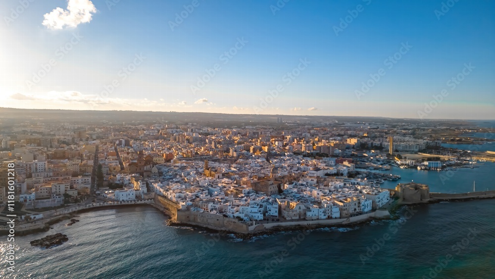 Fototapeta premium Aerial View of Coastal City at Sunset. Monopoli Italy