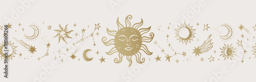 Trendy celestial seamless pattern, zodiac background hand drawn, stars, moon, space, great for textiles, wallpapers, surfaces - vector design