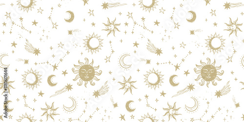 Trendy celestial seamless pattern, zodiac background hand drawn, stars, moon, space, great for textiles, wallpapers, surfaces - vector design