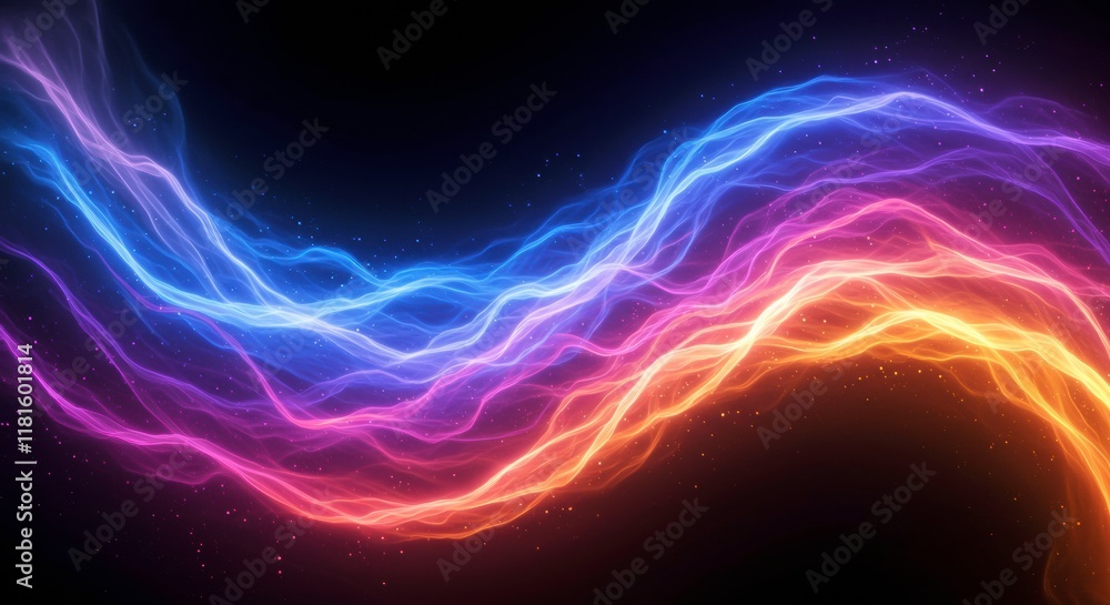 Fototapeta premium Abstract Energy Flow: Vibrant, swirling streams of light in shades of pink, orange, and blue create a dynamic, ethereal energy flow against a dark background.