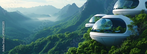 Futuristic homes nestled in green landscapes.