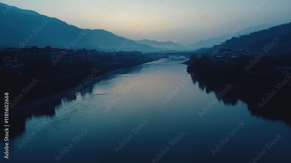 Fototapeta premium Serene Dawn over Mountain River Breathtaking Landscape Photography of a Calm River Reflecting Misty Mountains and a Quiet Village at Sunrise.