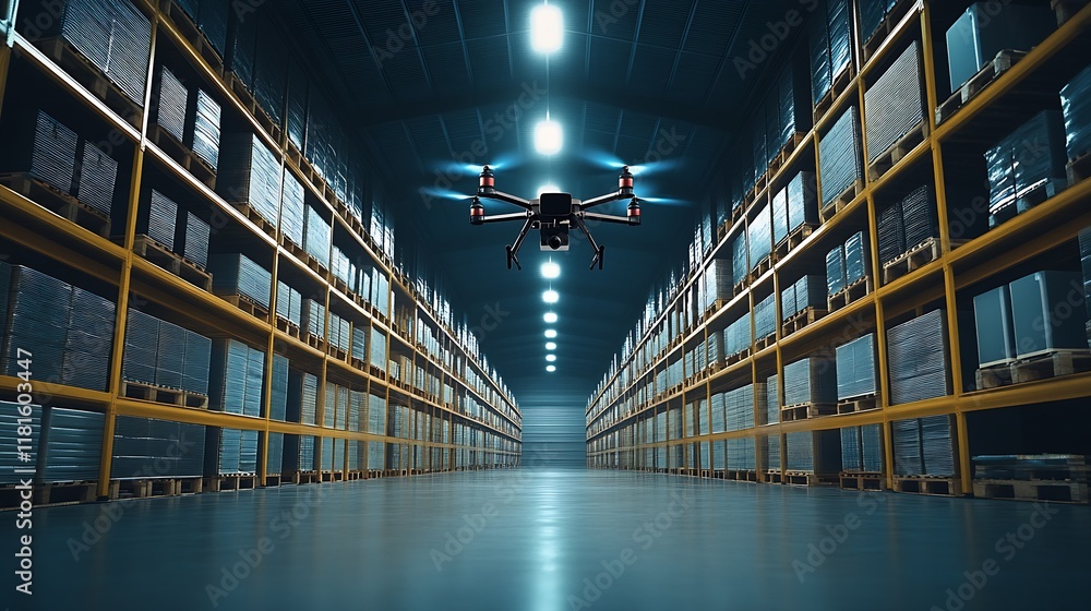 Cutting Edge Drone Flying Through Efficient Warehouse with Well Organized Pallet Racks : Generative AI Cutting Edge Drone Flying Through Efficient Warehouse with Well Organized Pallet Racks : Generative AI