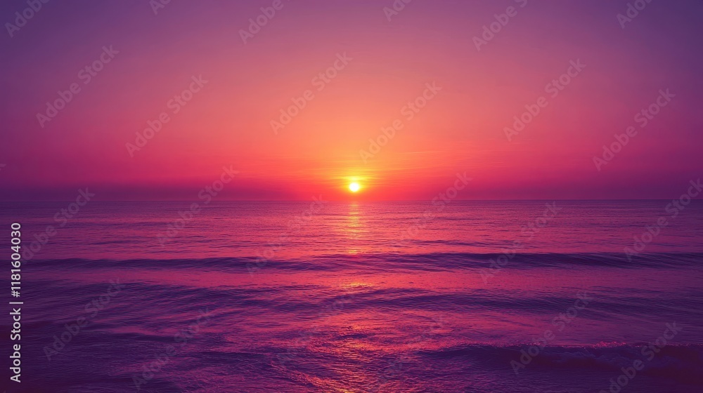 Fototapeta premium Dramatic Purple Sunset over Calm Ocean Waves Reflecting Warm Light.