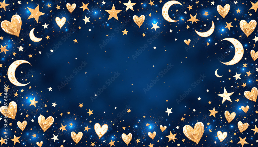 Fototapeta premium Gold Hearts, Stars, Moon Night Sky Border - Celestial/Cosmic themes