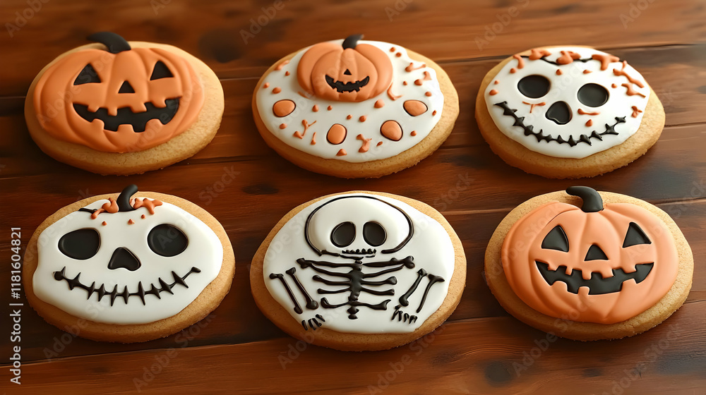 Obraz premium Halloween Cookies Decorated with Skeleton, Pumpkin, and Skull Designs