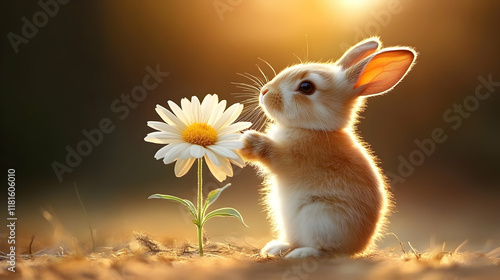 Cute Bunny Smells Daisy in ...