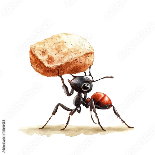 A watercolor drawing of an ant carrying food, isolated on a white background. Ant vector.
