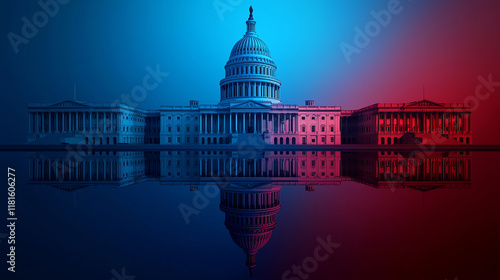 Reflection of iconic landmark in contrasting colored light in atmospheric setting