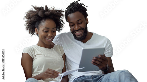 man and woman smiling looking at a tab with no background that has been removed transparent background