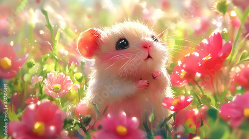 Cute Mouse Explores Pink Fl...