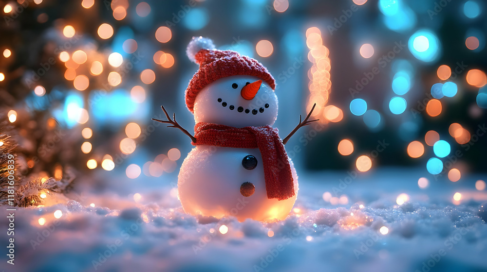 Obraz premium Snowman Shines Brightly in Winter Wonderland with Festive Lights