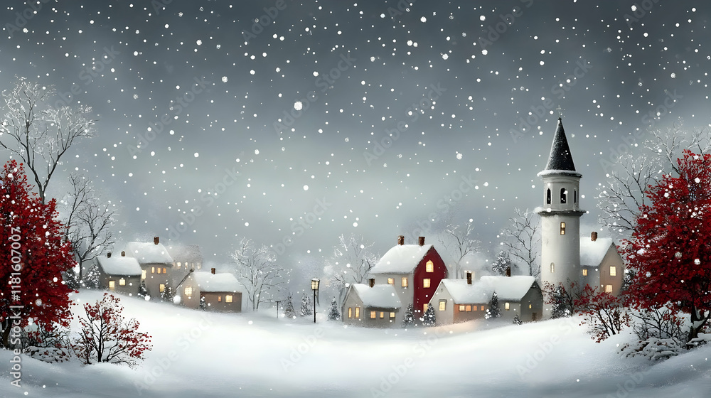 Fototapeta premium Winter Village Embraces Snowfall Gently, Creating Cozy Atmosphere Quietly
