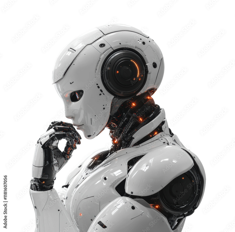 Futuristic female robot in thoughtful pose, detailed cybernetic components, white sleek design, artificial intelligence innovation, advanced humanoid android isolated on transparent background Futuristic female robot in thoughtful pose, detailed cybernetic components, white sleek design, artificial intelligence innovation, advanced humanoid android isolated on transparent background