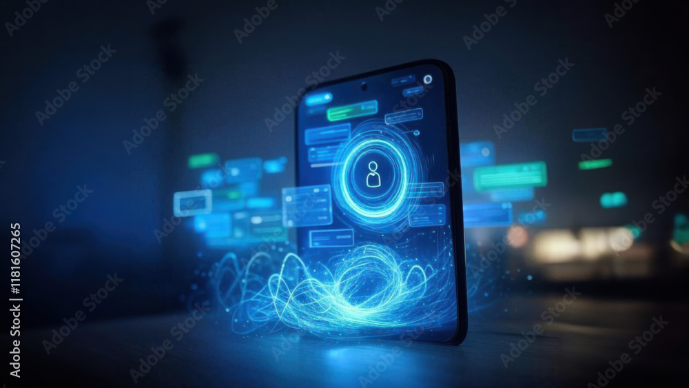 Futuristic mobile with AI agents projecting a holographic interface Futuristic mobile with AI agents projecting a holographic interface