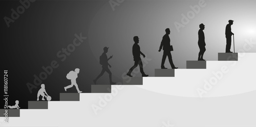 Men, stages of development. Silhouettes on stairs going towards the light. The speed of life.