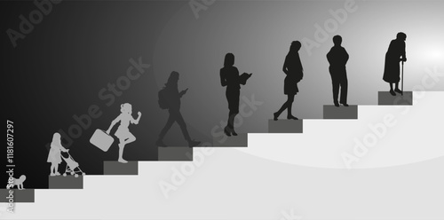 Women, stages of development. Silhouettes on stairs going towards the light. The speed of life.