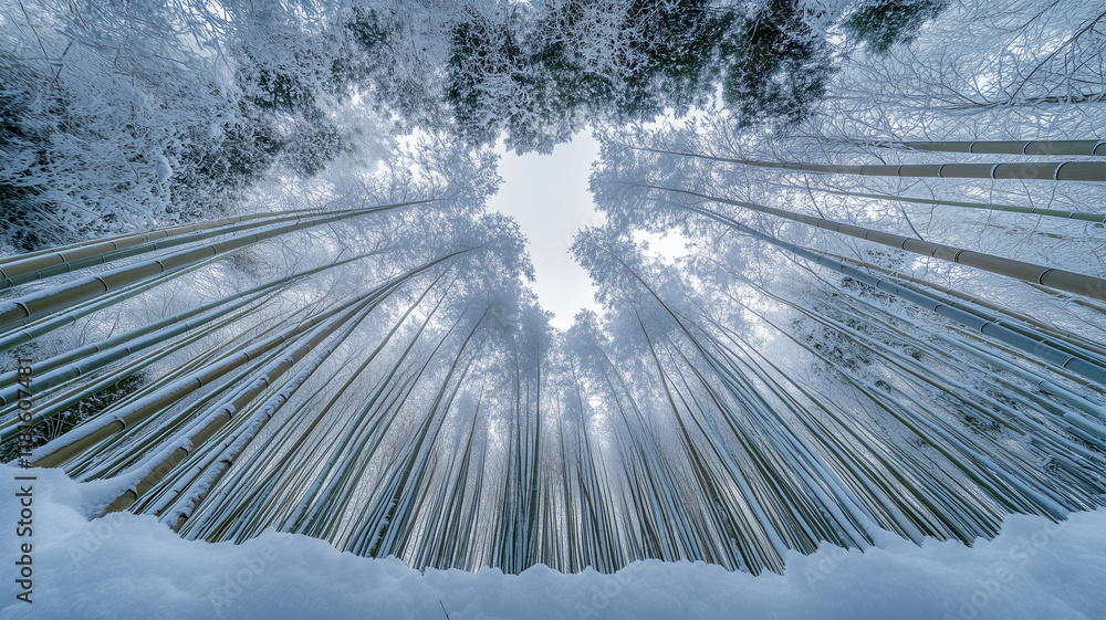 Obraz premium 曇り空の下で雪に覆われた竹林と静寂な冬景色