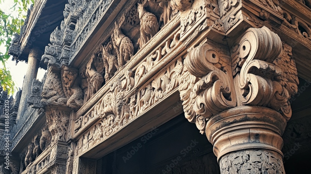Fototapeta premium Intricate Wood Carvings of a Majestic Temple
