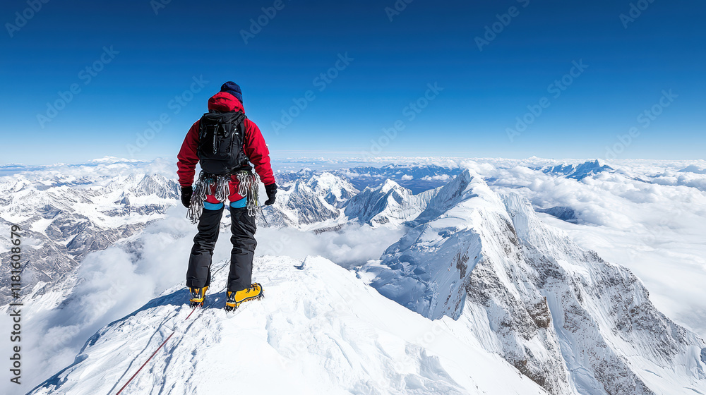 climber stands triumphantly on snowy peak, surrounded by majestic mountains climber stands triumphantly on snowy peak, surrounded by majestic mountains