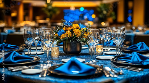 Elegant Table Setting Creates Ambiance with Blue Decor and Floral Centerpiece