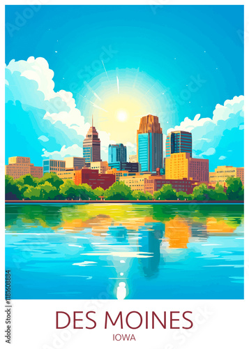 Des Moines Iowa Des Moines Iowa Poster Illustration Travel Print Decor Gift Paper Canvas Wall Retro Art