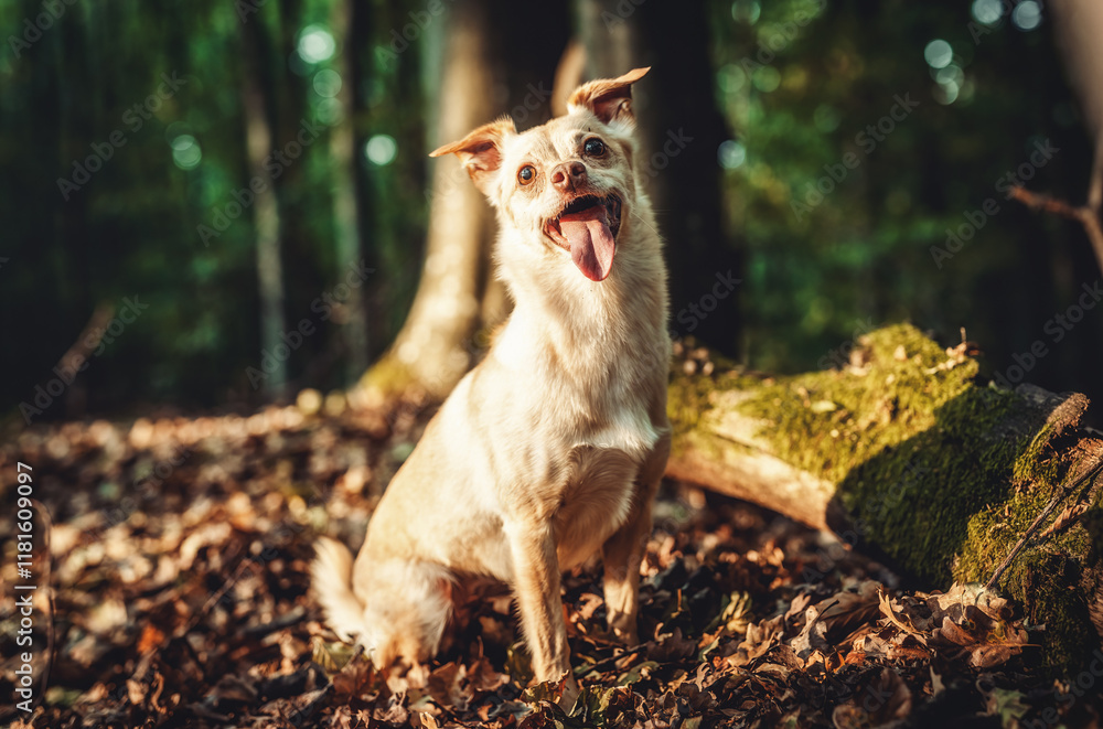 Fototapeta premium A lovely dog is sitting comfortably on a big pile of leaves in the woods