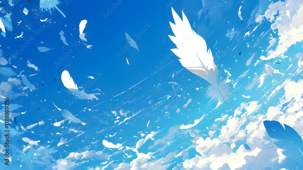 White feathers soaring in a bright blue sky White feathers soaring in a bright blue sky