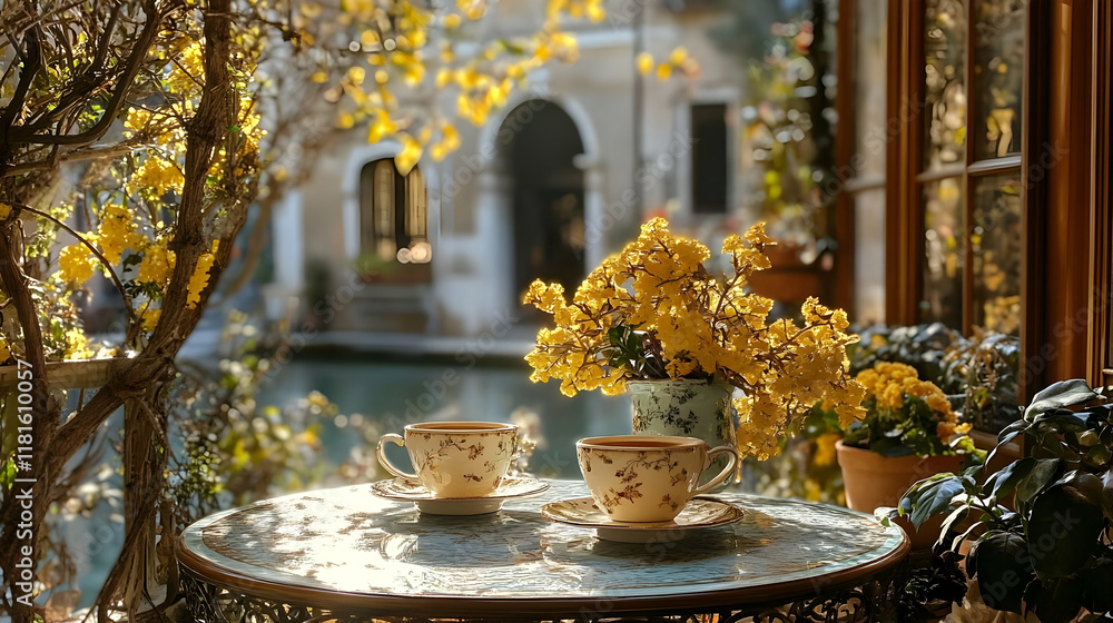 Fototapeta premium Teacups and Flowers Create Cozy Balcony Scene with Sunlight