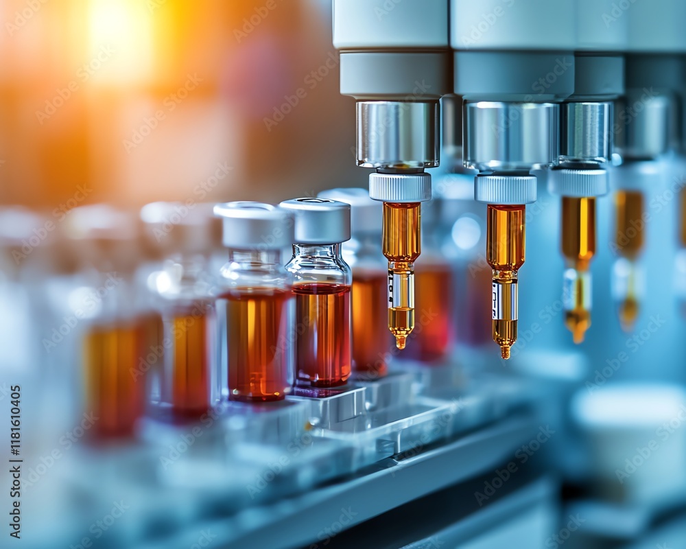 Syringes and vials on an automated pharmaceutical production line in a stateoftheart laboratory, with clean, advanced equipment ensuring precision and quality Syringes and vials on an automated pharmaceutical production line in a stateoftheart laboratory, with clean, advanced equipment ensuring precision and quality