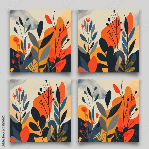 Colorful abstract botanical art showcasing vibrant plants and flowers in quadrants with warm hues and contrasting shades photo