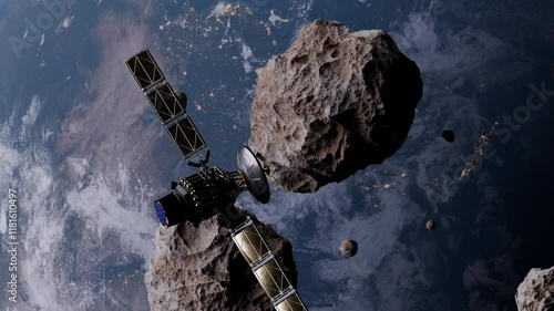 Asteroids in Space and earth, satellite passing.